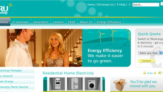 A website interface for TRU Energy features a light blue and green color scheme with sections for residential home electricity, energy efficiency, and various service plans. A smiling woman with long blonde hair stands in front of a staircase, emphasizing a welcoming atmosphere. The layout includes navigation options for accounts, green energy, and quick quotes for services.