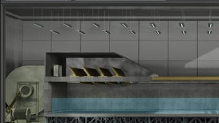 A large industrial space features a long, horizontal tank filled with water, alongside a set of metallic structures with angled openings. The walls are gray, with bright overhead lights illuminating the area, and there are two buttons labeled "Report" and "Operating manual" at the top.