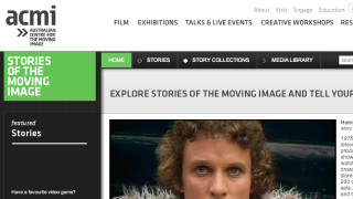 The Australian Centre for the Moving Image (ACMI) website features a section titled "Stories of the Moving Image," showcasing stories, story collections, and a media library. The design includes a prominent navigation menu and highlights featured stories, inviting users to explore various narratives related to film and video games.