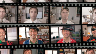 A series of headshots arranged in a filmstrip format features one individual displaying various expressions and outfits. The backgrounds suggest a home environment, with appearances ranging from serious to playful across the different frames.