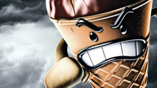 A cartoonish ice cream cone character with an angry expression and muscular arms stands against a cloudy, stormy background. The cone features a chocolate scoop on top, emphasizing its fierce demeanor.