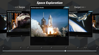 A Space Shuttle is launching into the sky, surrounded by billowing clouds of smoke. The background features a blue sky, and a timeline of significant events in space exploration is displayed at the bottom, highlighting the year 1981.